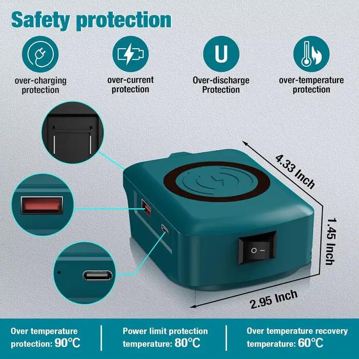 Chargeur sans fil pour batterie Li-ion 18V Makita Dewalt Milwaukee Adaptateur USB Port de charge Type-C Batterie externe portable