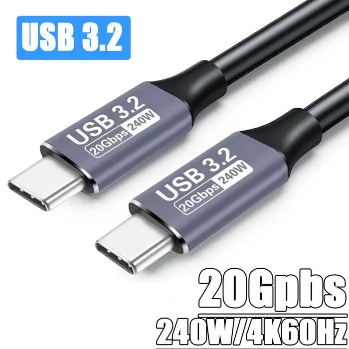 Câble USB-C vers Type-C 3.2 Gen2 20 Gbps 48V 5A 240W pour charge rapide et transfert de données haute vitesse 0.2m à 2m noir pour appareils intelligents et ordinateurs
