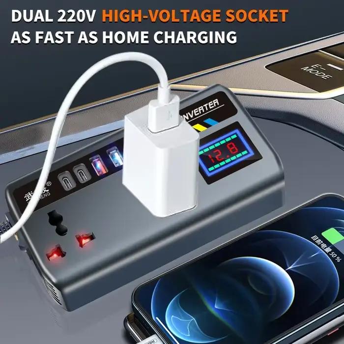 Onduleur de voiture portable 12V/24V à 220V avec 3 ports USB pour charge rapide en voiture camion SUV RV usage voyage camping