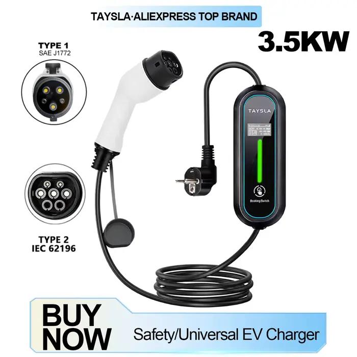 TAYSLA – chargeur EV Portable 3.5kW 16A TYPE 2 TYPE 1 J1772