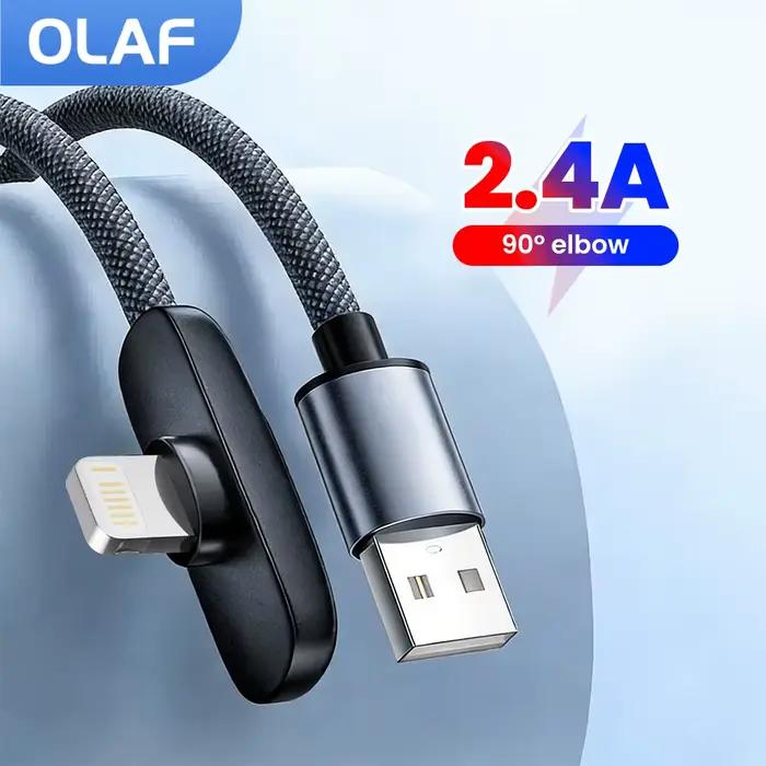Câble USB A vers Lightning Olaf à angle de 90 degrés, 2.4A, charge rapide, câble de données USB pour iPhone 14 13 12, câble USB pour jeux mobiles