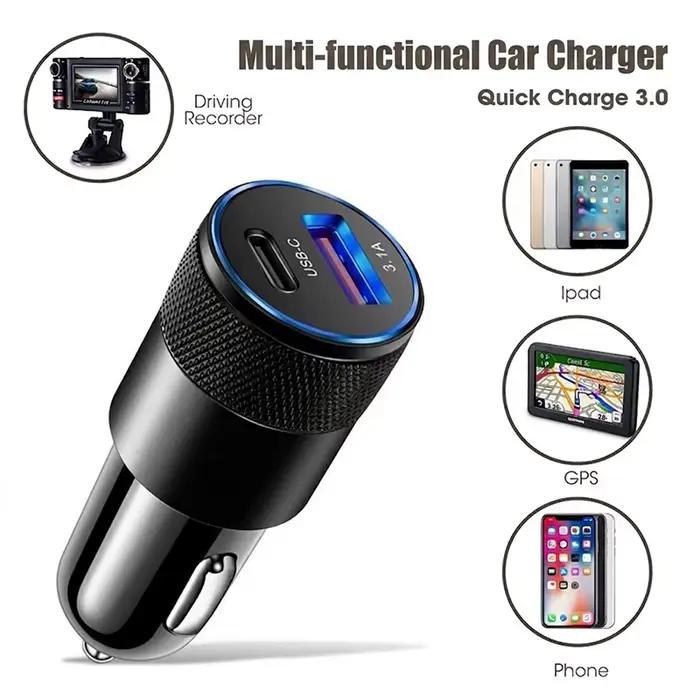 Chargeur de voiture compact USB-C et USB-A 3.1A double port à charge rapide avec puce intelligente et protection contre la surchauffe pour téléphones et iPhone