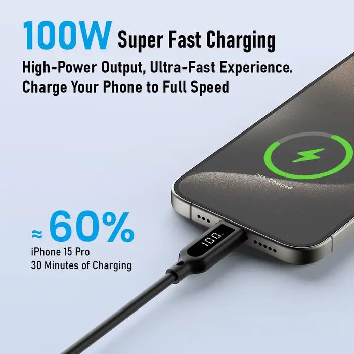 Lemorele 100W câble USB C avec affichage numérique fil en Silicone souple charge rapide pour iPhone 15/14/13 Huawei 480Mbps transfert de données