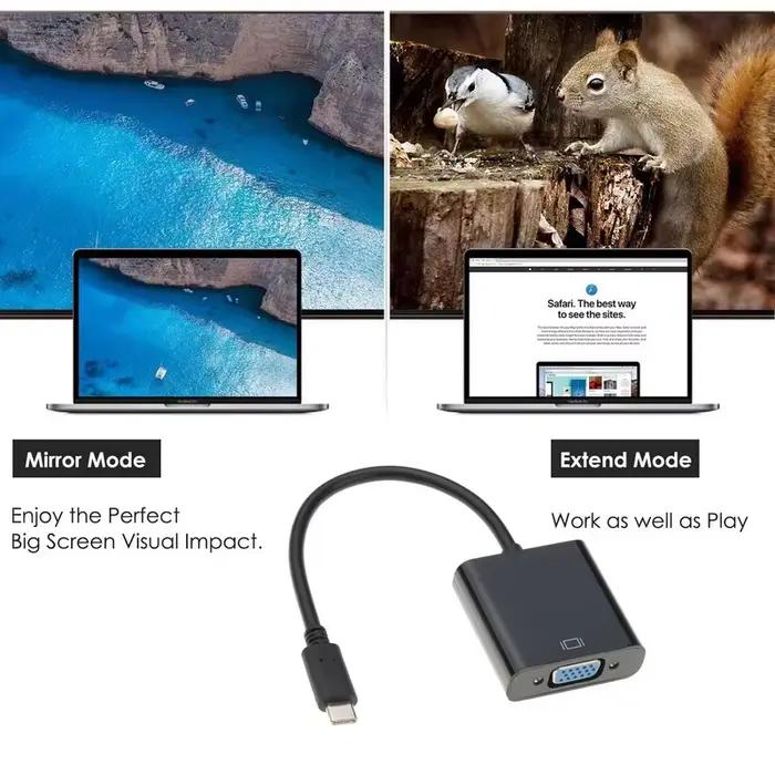 Câble adaptateur USB-C vers VGA femelle pour MacBook et ordinateur portable compatibles avec projecteur et moniteur PC