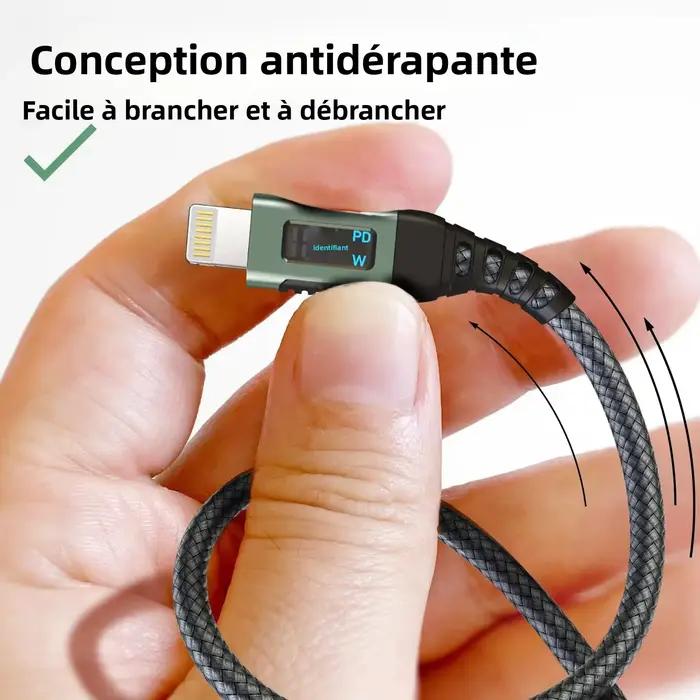 Câble de charge rapide USB-A vers Lightning avec écran d'affichage numérique pour iPhone 14/13/12/11 tressé en nylon longueur 2m 6.6ft