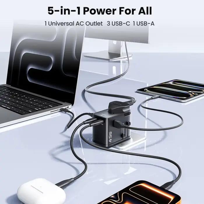 Toocki GaN adaptateur de voyage universel avec 3C1A 45W charge rapide 2500W Max chargeur
