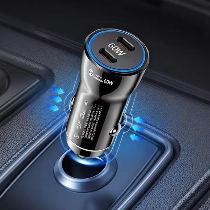 Chargeur de voiture double PD 60W (2 pièces) – Adaptateur de charge rapide haute puissance Type C avec puce de sécurité