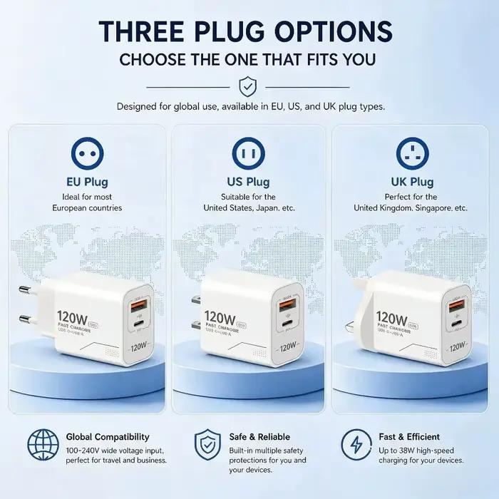 Chargeur USB C GaN 120W à 2 ports, charge rapide, adaptateur secteur pour iPhone, Samsung, Xiaomi, type C, prise US