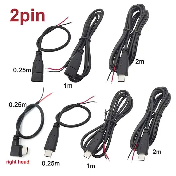 2 cœurs 4 cœurs USB-C 0.25 M/1 m/2 m bricolage câble de réparation fil de soudage USB Type C mâle femelle prise alimentation chargeur connecteur
