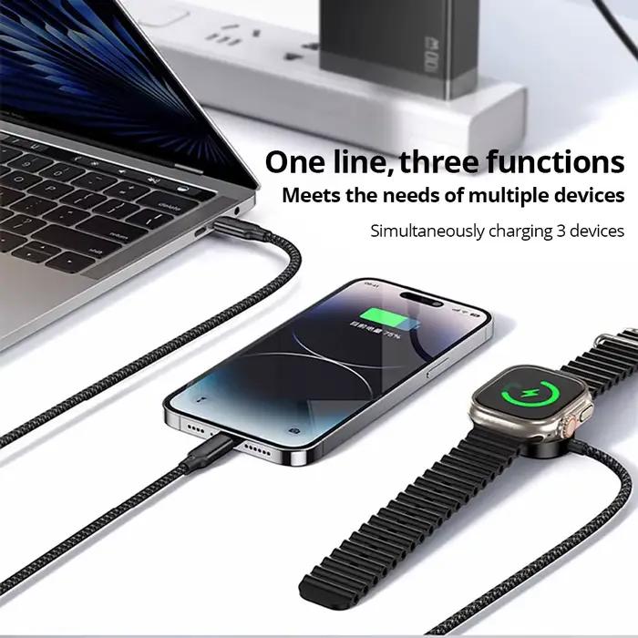 Câble USB Type C 3-en-2 Bonola pour iPhone 17/16/15/14/13/12 Pro et chargeur de montre Apple Watch