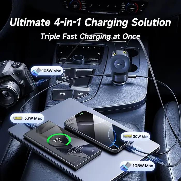 Chargeur de voiture Baseus 240W 4 Ports câble rétractable intégré charge rapide USB type-c