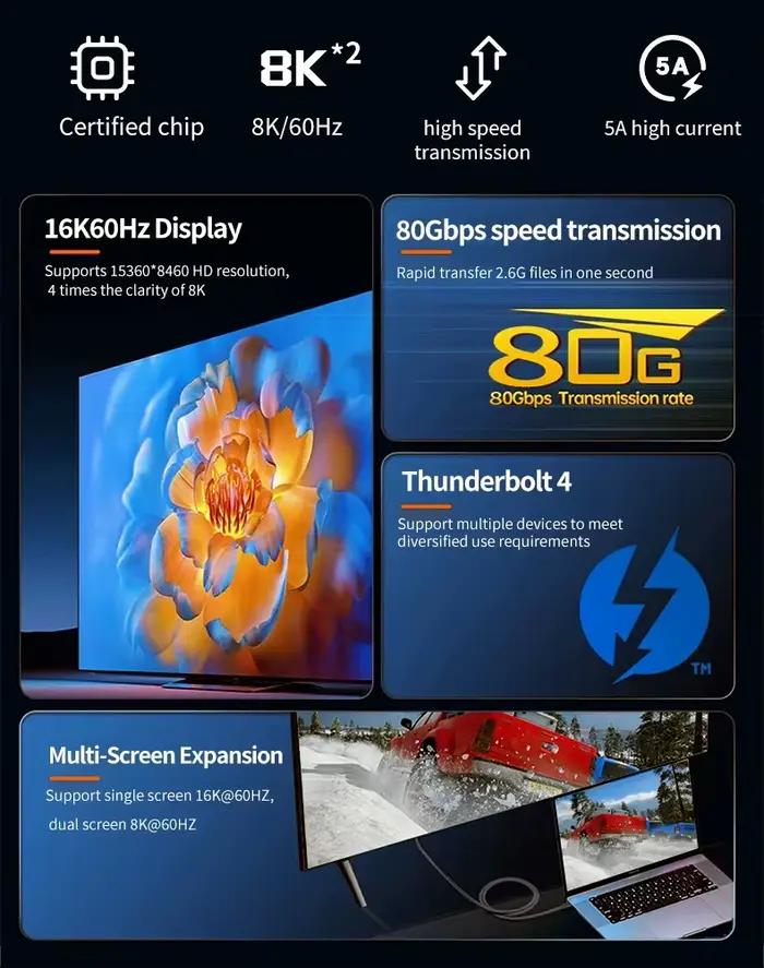 Thunderbolt 5 Câble de Données Pleine Fonction USB C vers USB C Charge Rapide PD 240W 16K 60Hz Sortie Vidéo Transmission Fonctionnelle 80Gbps Occasions Spéciales