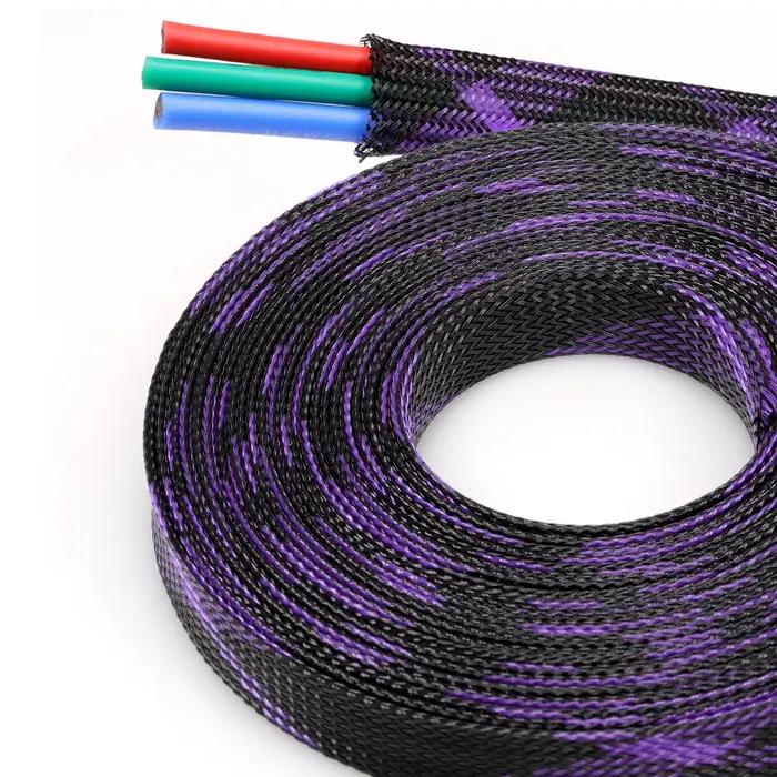 Gaine de câble haute densité tressée PET isolée extensible protection pour fils coloris violet et noir diamètres variés pour usage domestique et professionnel