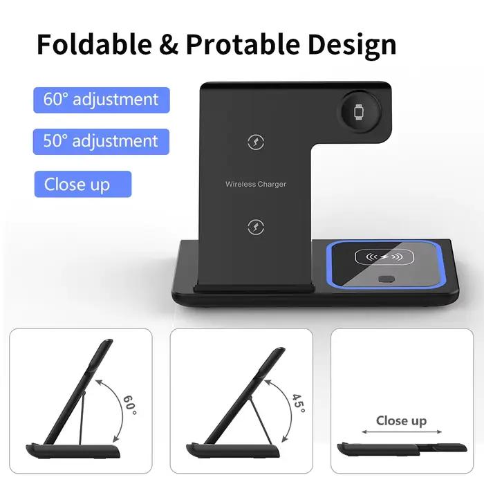 Station de charge sans fil 3-en-1 pliable pour iPhone Apple Watch et AirPods multifonctionnelle facile à transporter et à utiliser pour la maison le bureau et les voyages