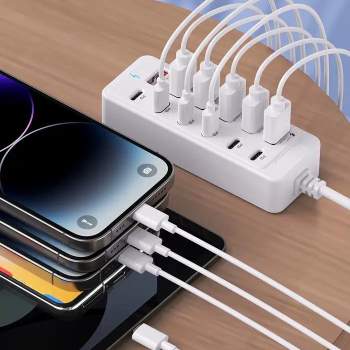 Chargeur multi-ports à charge rapide, 6 ports USB avec ports individuels et indicateur d'alimentation, compatible avec les appareils USB-C/USB-A