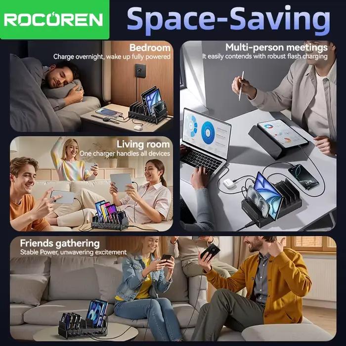 Chargeur Rocoren 400W GaN 6 ports, chargeur de bureau à charge rapide USB Type C, station d'alimentation portable pour iPhone 17 Pro Max Xiaomi 14