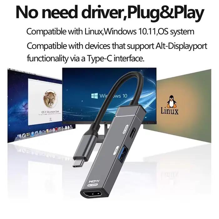 Tebe 3 en 1 USB C Hub type-c à 4K 120HZ HDMI-Compatible USB3.0 données 100W PD