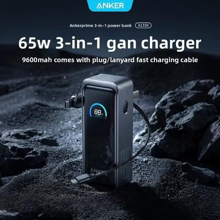 Anker A1339 Power Bank 3-en-1 GaN 65W Chargeur Rapide Prise Intégrée Batterie Externe Portable Homologuée Avion