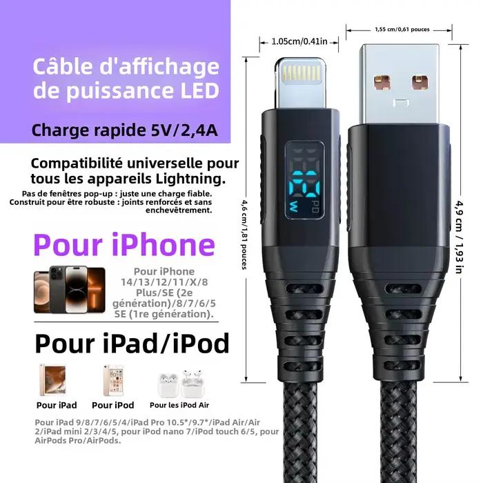 Câble de charge rapide USB vers Lightning certifié MFi