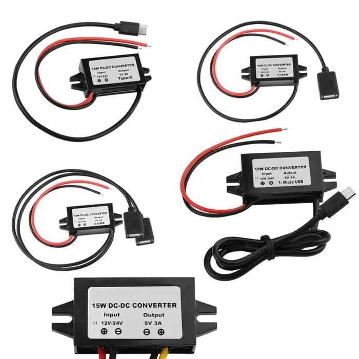 Convertisseur d'adaptateur d'alimentation 12V/24V à 5V 3A DC-DC technologie abati eur USB-A femelle/type C/double USB/connecteur de fil ouvert étanche CE