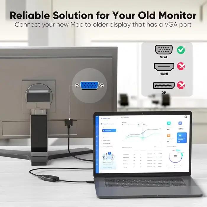 Câble adaptateur USB-C vers VGA femelle pour MacBook et ordinateur portable compatibles avec projecteur et moniteur PC