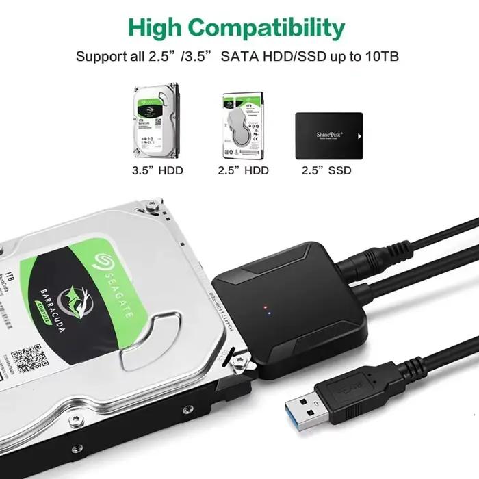 Câble SATA vers USB 3.0 Adaptateur de disque dur SATA III Convertisseur pour disque dur SSD HDD 2.5 3.5 avec alimentation 12V/2A pour sauvegarde de fichiers et mise à niveau de pilotes compatibles Windows et MacOS