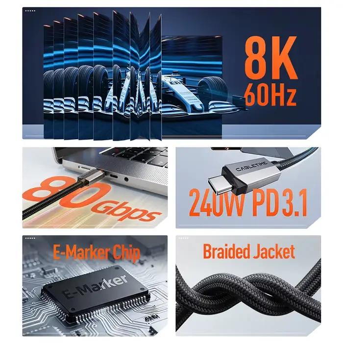 Câble CABLETIME USB4 V2.0 80 Gbps 240 W PD 3.1 avec gaine tressée