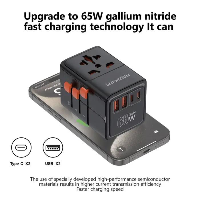Adaptateur de voyage universel GaN 65W/45W/25W, avec 2 USB 2 Type C, charge rapide, chargeur de voyage tout-en-un, EU/UK/USA/AUS pour voyage
