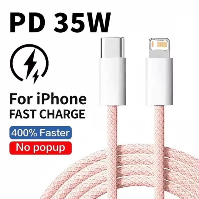 Câble de charge rapide PD 35W pour iPhone 13 14 Pro Max 11 12 mini X XR XS Max 7 8 Plus SE 2020 fil tressé en nylon de 1m ou 2m en couleur beige bleu brun ou noir