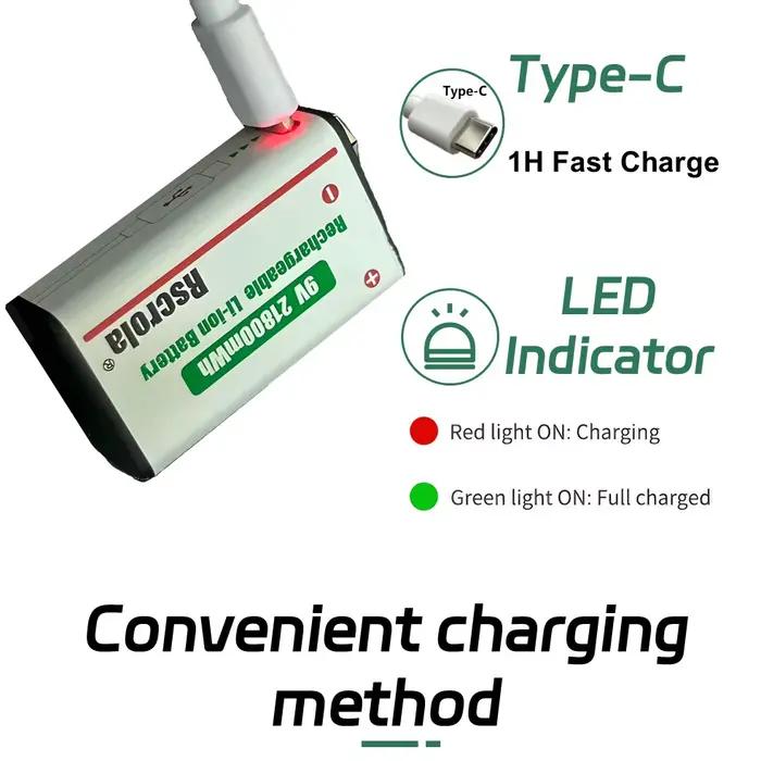 Batterie rechargeable 9V Rscrola avec charge USB-C pour appareils électroniques, détecteurs de fumée, appareils photo, horloges, matériel audio professionnel et kits d'urgence