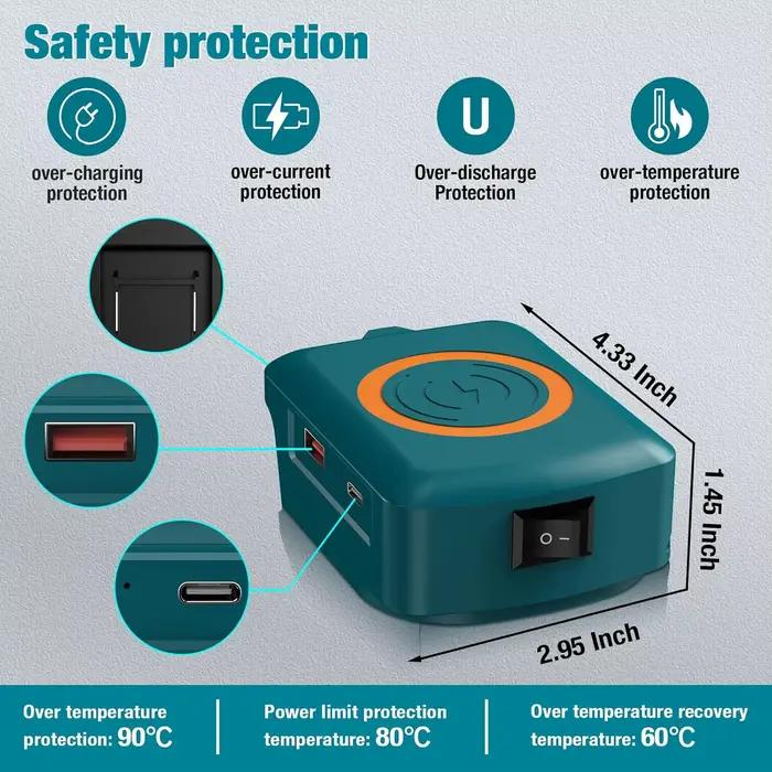 Chargeur sans fil 18V avec pads de recharge rapide et ports USB et Type C pour recharge batterie externe portable et sécurité des appareils électroniques usage extérieur