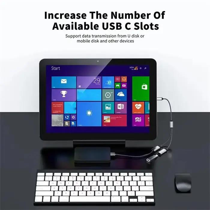 Répartiteur Portable USBC mâle vers Double USB C femelle 3 en 1