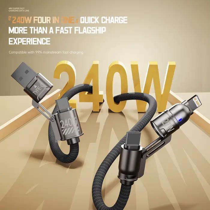 Câble de données 2 à 2 câbles de charge ultra rapides 240W en alliage de Zinc PD 4 en 1 Multi USB Type C vers Lightning