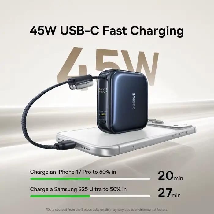 Banque d'alimentation mini Baseus 45W 10000mAh avec câble USB-C intégré