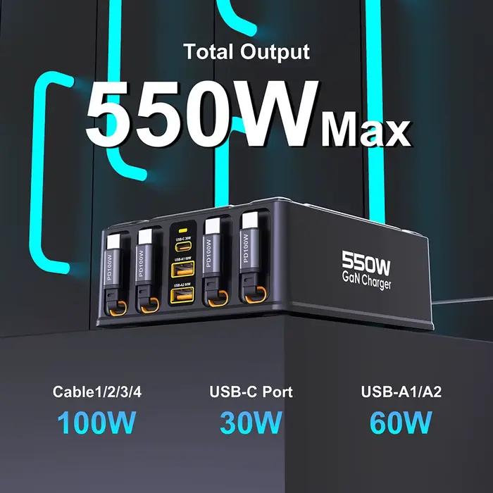 Station de charge 7-en-1 550W avec câble USB-C rétractable 100W