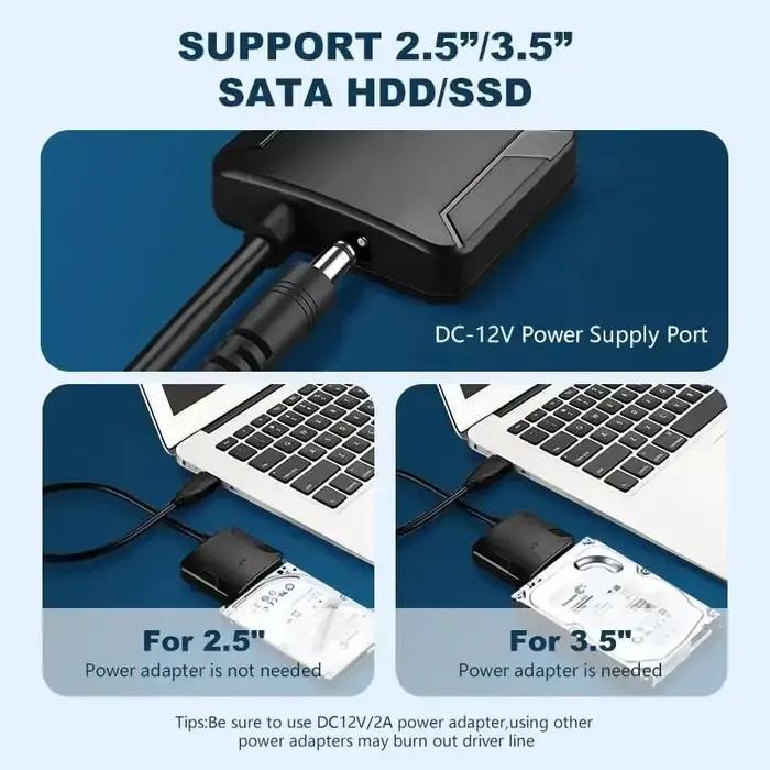 Câble SATA vers USB 3.0 Adaptateur de disque dur SATA III Convertisseur pour disque dur SSD HDD 2.5 3.5 avec alimentation 12V/2A pour sauvegarde de fichiers et mise à niveau de pilotes compatibles Windows et MacOS