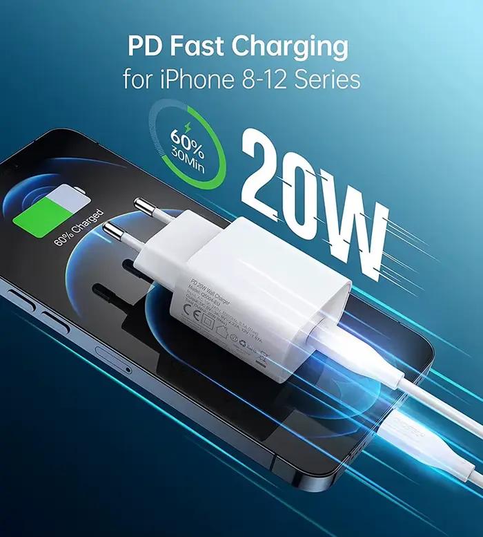 Chargeur PD 20W Charge rapide USB C pour iPhone 15 14 13 Pro Max Mini X XS