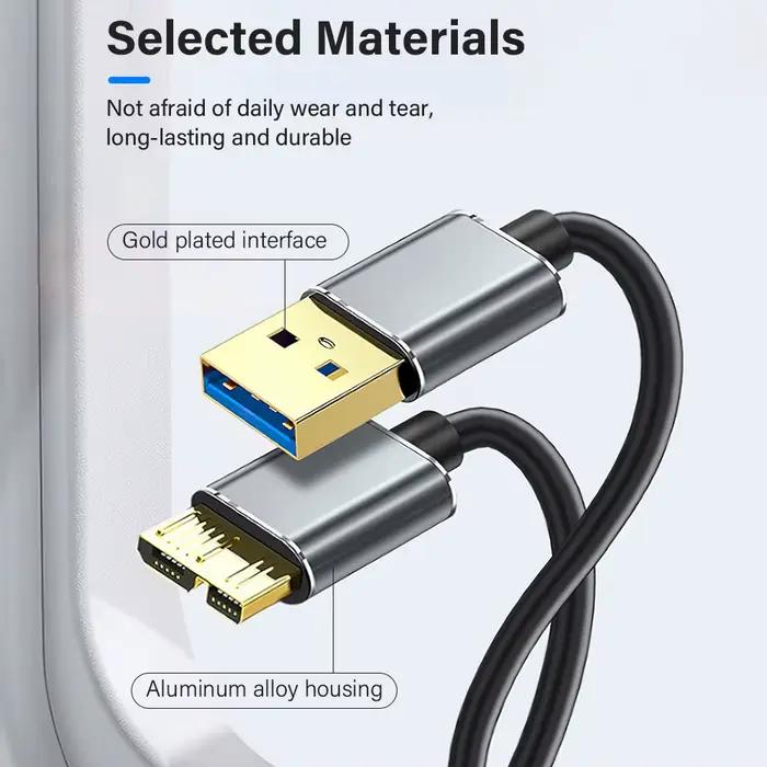 Câble USB A 3.0 vers Micro B pour disque dur externe HDD SSD fil de charge de données pour ordinateur portable Toshiba Seagate HP Sandisk données rapides plug and play aluminium alloy shell PVC construction robuste entretien facile occasions spéciales