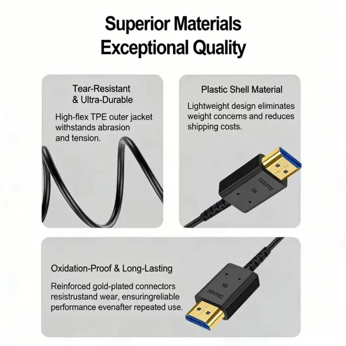 Câble HDMI à fibre optique 8K 60Hz 48Gbps pour HDTV XBOX PS5 et autres appareils multimédias pour une qualité visuelle exceptionnelle et une transmission sans perte