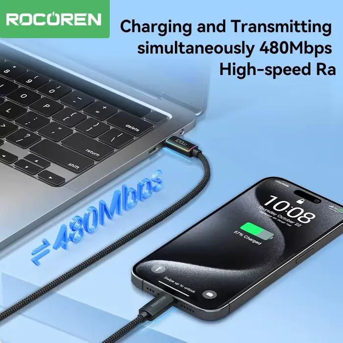 Câble de chargement USB Type-C Rocoren 240W PD 3.1 avec lumière RGB pour iPhone Samsung Ordinateur Portable iPad Occasions Spéciales