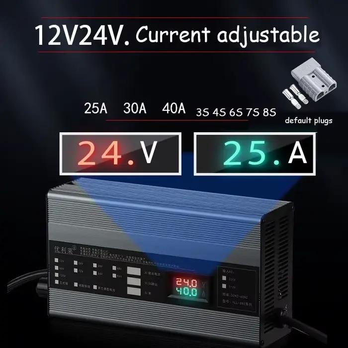 Chargeur de batterie lithium 12V 24V avec réglage de tension et courant pour batteries lithium-ion lifepo4 et plomb acide camping-car voiture électrique chariot élévateur