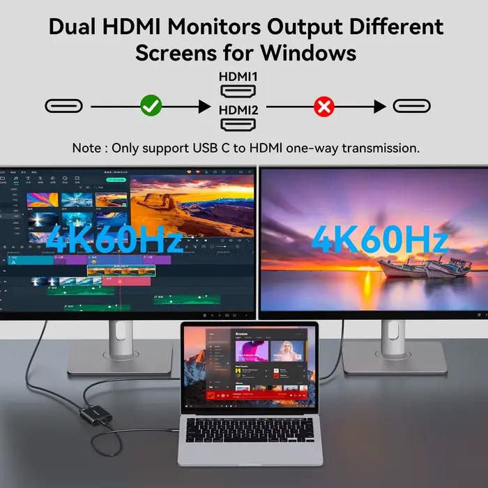 Répartiteur USB C vers HDMI 4K 60Hz pour deux écrans Thunderbolt 3 Windows Mac Linux Universel Sans Alimentation Extérieure Multimédia Gaming Productivité Occasions Spéciales