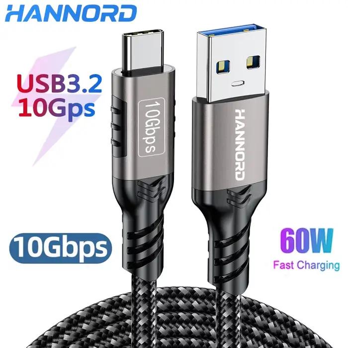 Hannord USB3.2 10Gbps USB A vers USB C 3.2 Gen2 type-c câble transfert de données 3A 60W QC 3.0 charge rapide pour iphone Macbook SSD