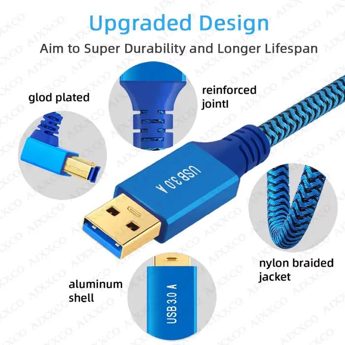 AIXXCO 90 degrés USB B vers USB A câble d'imprimante USB 3.0 mâle