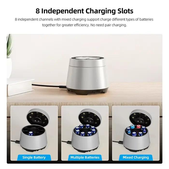 XTAR L8 BOX Chargeur de batterie AA/AAA - Boîte de chargement et de stockage rapides à 8 emplacements avec LED intelligente et protections complètesProtections