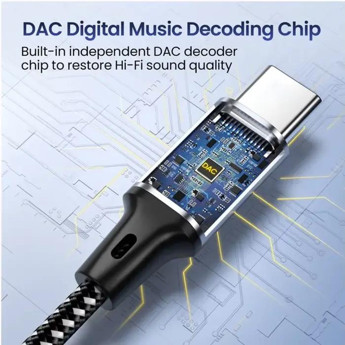 Câble DAC Audio USB-C à Jack 3.5mm de haute qualité pour téléphone casque voiture musique et micro haute-fidélité occasionnelle