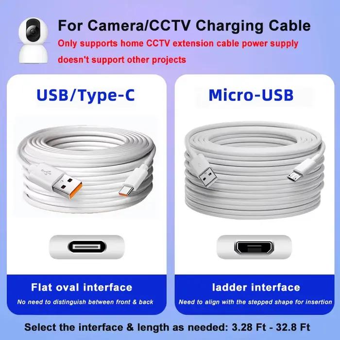 Câble de charge micro USB ultra-long type C pour surveillance et charge de téléphones mobiles longueurs variées de 0.75m à 10m