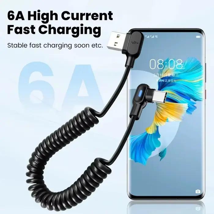 120W 6A USB C câble de Charge rapide coude extensible ressort cordon de données pour iPhone Samsung Xiaomi Huawei