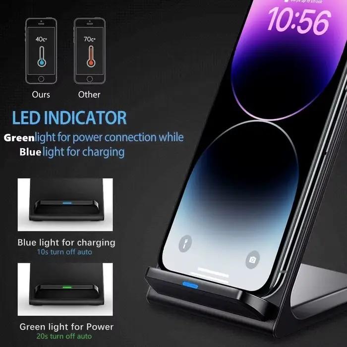 Support de chargeur sans fil pour iPhone 17 16 15 14 13 Pro XR 8 X XS Max et Samsung en argent avec indicateur de charge et câble inclus pour charge rapide et sans fil