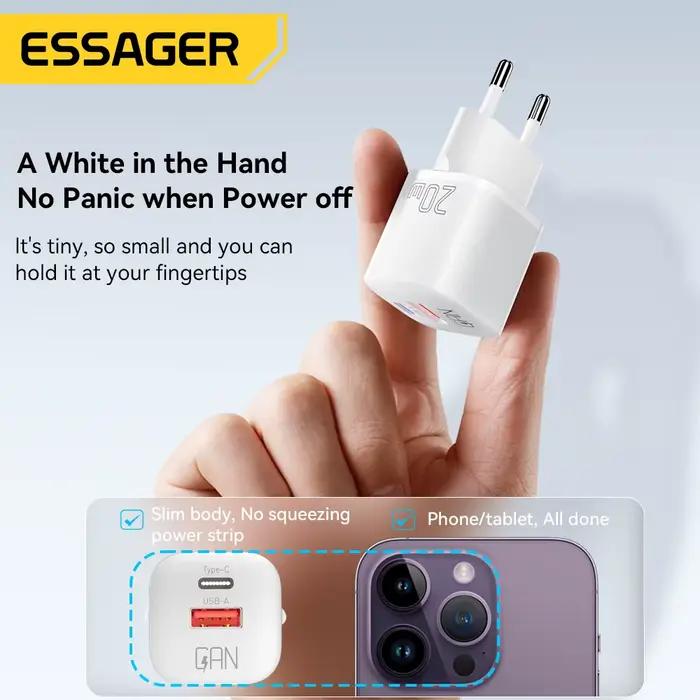 Essager 20W GaN USB Type C chargeur Charge rapide téléphone QC 3.0 chargeurs rapides pour iPhone 15 14 13 12 11Pro Max